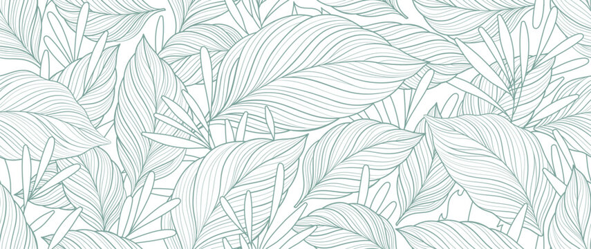 Tropical leaf line art wallpaper background vector. Design of natural monstera leaves and banana leaves in a minimalist linear outline style. Design for fabric, print, cover, banner, decoration
