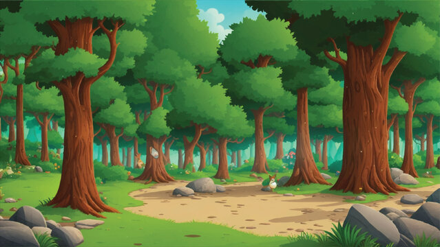A cartoon forest scene with rocks and trees, forest background