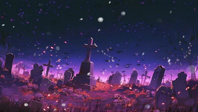 halloween skull night scary graveyard with cartoon or anime style animation looping video animated background