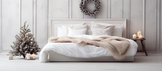 Contemporary interior featuring a white iron bed with cozy throws and pillows amidst a wood floor beside a Christmas tree Nature inspired wreaths and garland decorate a gray concrete wall