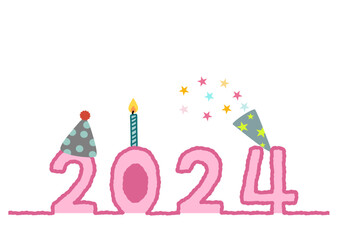 Hand drawing 2024 banner for up coming new year celebrations. 2024 vector with party props isolated on white background. Colorful  decoration for new year card or poster.
