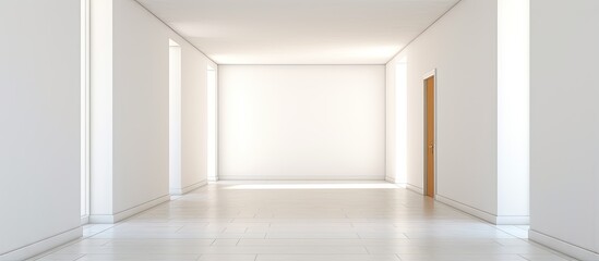 Fototapeta premium Minimalist modern house with a narrow empty corridor of white walls and doors leading to a daylight filled living room