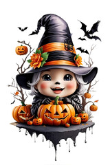 Little witch with black nose surrounded by pumpkins and bats, Happy Halloween, Generative AI