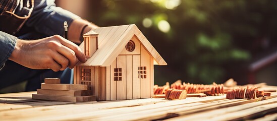 Carpenter using protective glove cutting wooden plank with model house saw