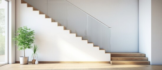 A modern house with white walls has a staircase in a spacious hallway that leads to a glass door