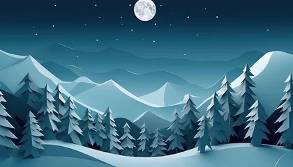 Fotobehang Paper cut winter mountain landscape background with snowflake and tree. Illustration. Generative AI © Wasin