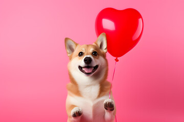 Fototapeta na wymiar Cute dog holding a heart shaped balloon isolated on pink background