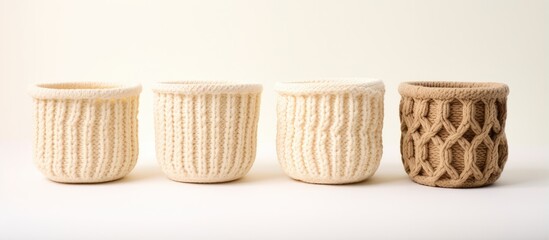 Beige cord baskets on white background knitted