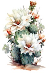 Obraz premium Blooming cactus with white flowers watercolor illustration on a white background.