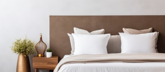 Fototapeta na wymiar Modern bedroom design with a white bed brown pillow lamp on side table