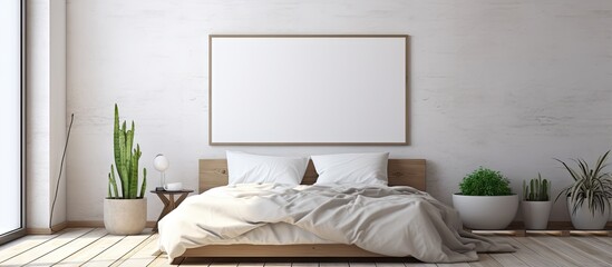 Empty Frame on Wall in Modern Bedroom with White Planks Floor is Ideal for Art or Print Mockups