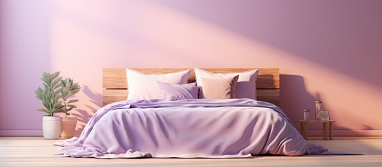 a wooden double bed with violet linen in morning sunlight interior fit for a queen size