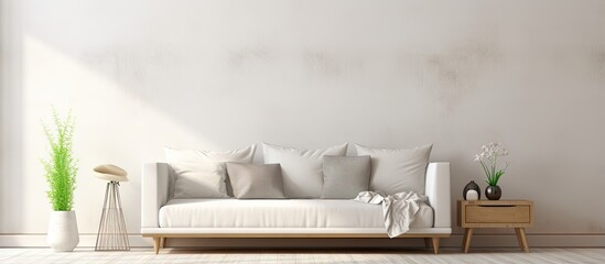 Fototapeta na wymiar Minimalist white room with sofa in Scandinavian style interior visual representation