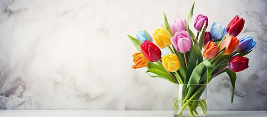 Multicolored tulips in crystal vase with white brick wall backdrop - obrazy, fototapety, plakaty