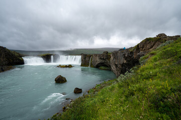 Beautiful Godafoss waterfall in Iceland, wide angle view