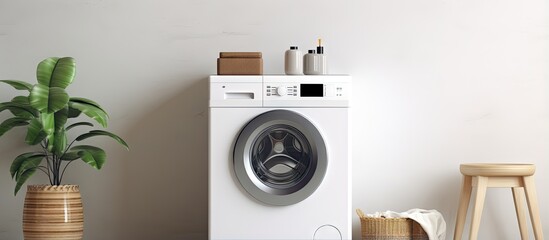 Interior of laundry room with contemporary washing machine Design space included - obrazy, fototapety, plakaty