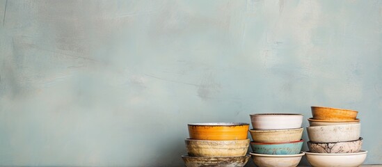 Wooden table with bowls and crockery stacked against a grey wall