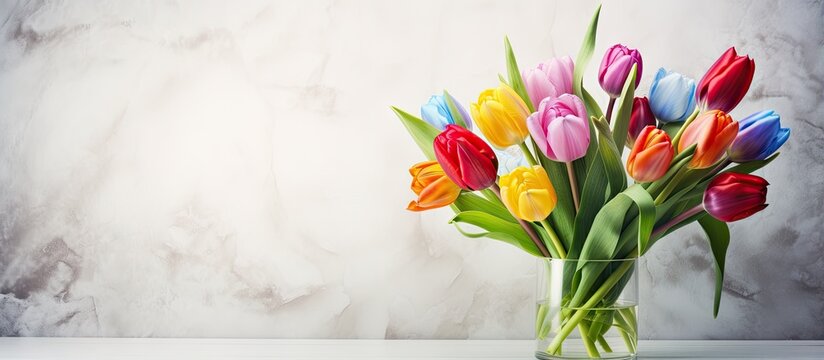 Multicolored tulips in crystal vase with white brick wall backdrop