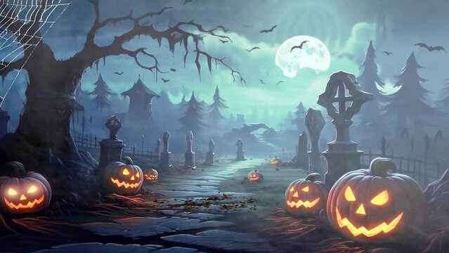halloween night scary on graveyard animation looping video animated background
