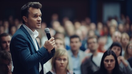 Obraz premium A speaker with microphone in front of audiences. Comedy music and theater live performance, Generative AI