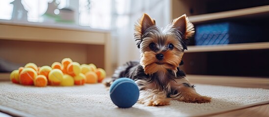 High quality photo of a funny Yorkshire terrier dog playing with a beige toy ball in a decorative interior - obrazy, fototapety, plakaty