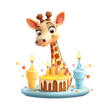 Cute cartoon giraffe with birthday cake and candles. Vector illustration.