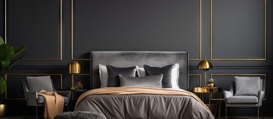 Actual image of a dark grey bedroom with artwork on walls double bed gold lamp and floral armchair