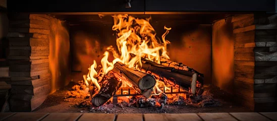 Papier Peint photo Texture du bois de chauffage Burning wood inside a brick stove produces flames and ash
