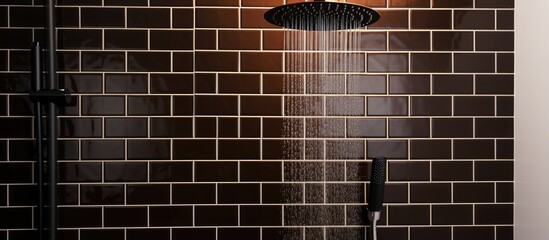 A brown subway tile shower with a white tub and black fixtures