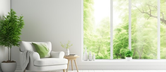 Scandinavian interior design with armchair in a white room and green landscape seen through the window in a illustration