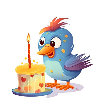 Cute cartoon blue bird with birthday cake. Vector illustration isolated on white background.