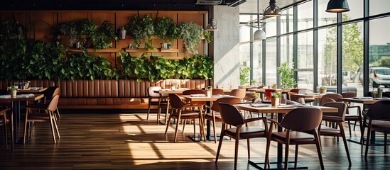 Empty daytime interior of a restaurant with furniture