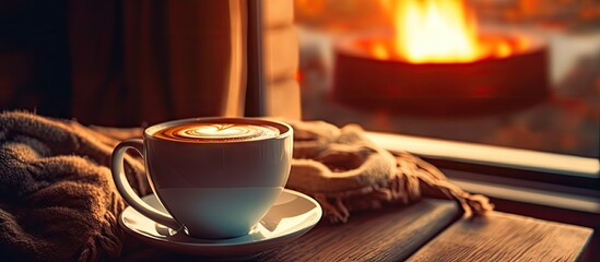 Hot cappuccino near fireplace in cozy room