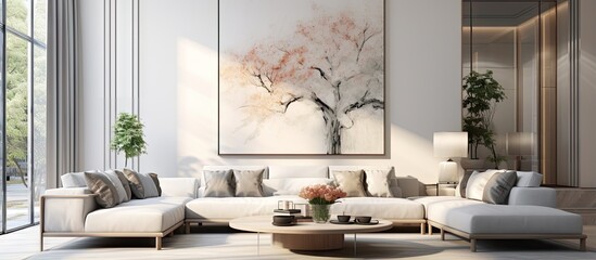 White minimalist room with sofa in Scandinavian interior design depicted in a illustration