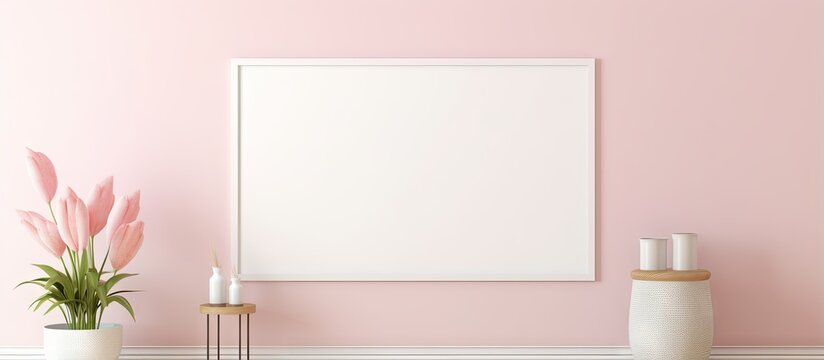 Pastel pink bedroom interior background with a mockup frame