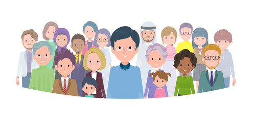 大勢の前に立つお父さんのセット