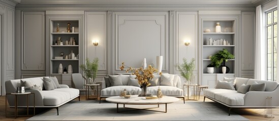 depiction of a contemporary living room design in modern classics style shown without textures and shaders