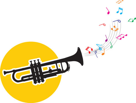 trumpet with musical notes on yellow background clip art preview