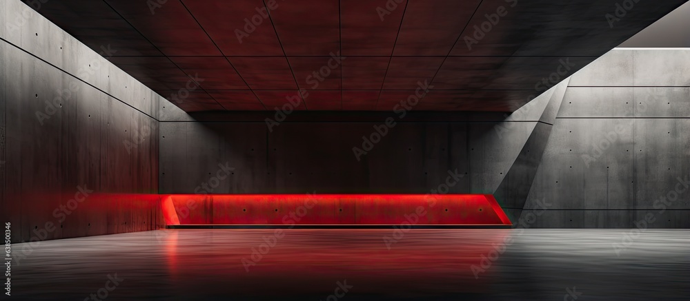 Poster architectural background featuring a smooth empty and dark interior with red glass
