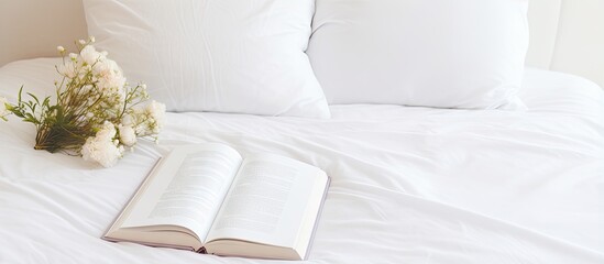 White bedding on the bed with a notepad and interior design mockup