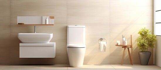 Fototapeta na wymiar Toilet placed in stylish light bathroom with white sink