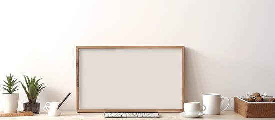 White table with computer coffee cup and picture frame in a stylish workspace