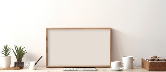 Fototapeta premium White table with computer coffee cup and picture frame in a stylish workspace
