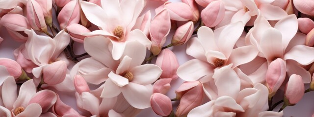 Magnolias flowers background banner panorama - Beautiful blooming magnolia branch, isolated on gray background, top view (Generative Ai) - obrazy, fototapety, plakaty