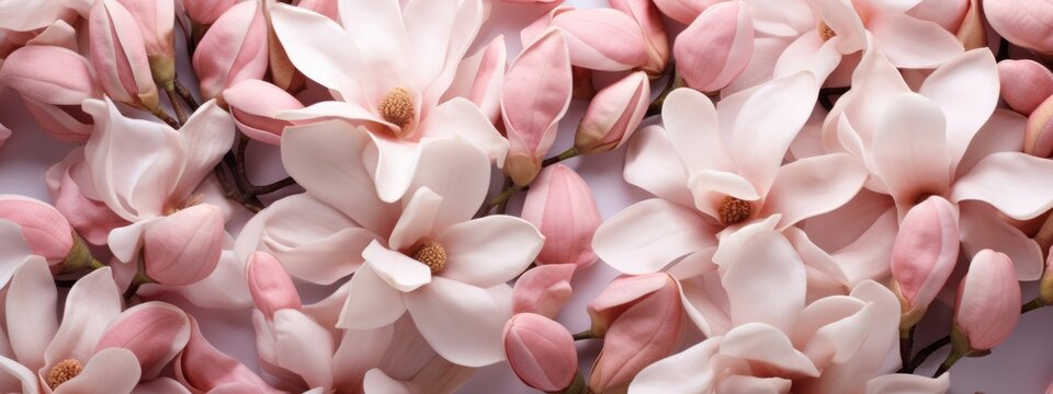 Magnolias flowers background banner panorama - Beautiful blooming magnolia branch, isolated on gray background, top view (Generative Ai)