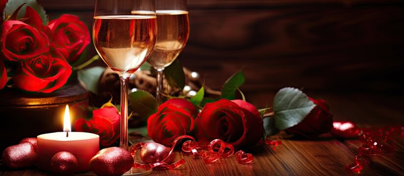 Valentine s day dinner image with champagne glasses romantic drink red rose candle love themed table setting