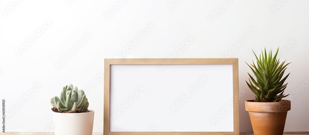 Poster Creating a wooden frame model with a crayon and placing a pot on a table