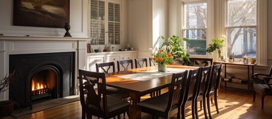 Renovated older home features a bright traditional dining area with a cast iron fireplace granite hearth and timber surround all beautifully lit up