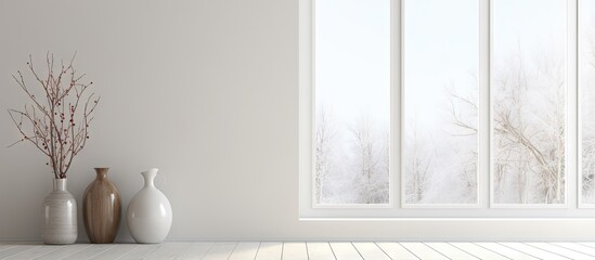 Fototapeta na wymiar Minimalist room with vases decor on wall window view Nordic home interior visual
