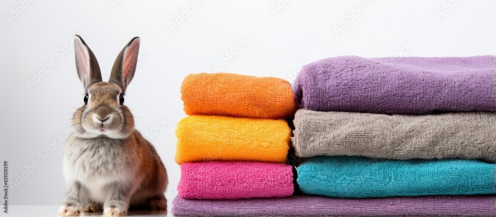 Poster Close up of various colored towels and a rabbit isolated on a white background with hygiene items nearby